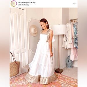 Elegant White and Tan Maxi Dress